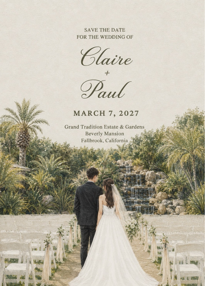 Save the Date Watercolor Artwork for Claire & Paul at Grand Tradition